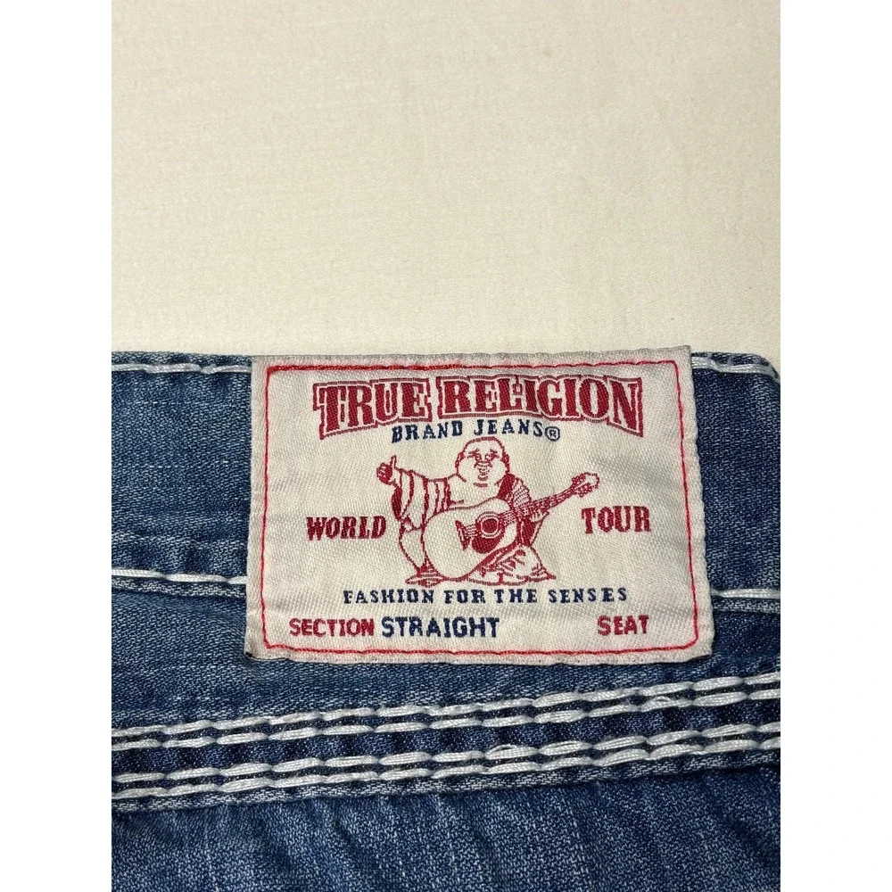 True Religion Straight Flap Natural Super QT Blue Jeans Mens 42X33 Thick Stitch